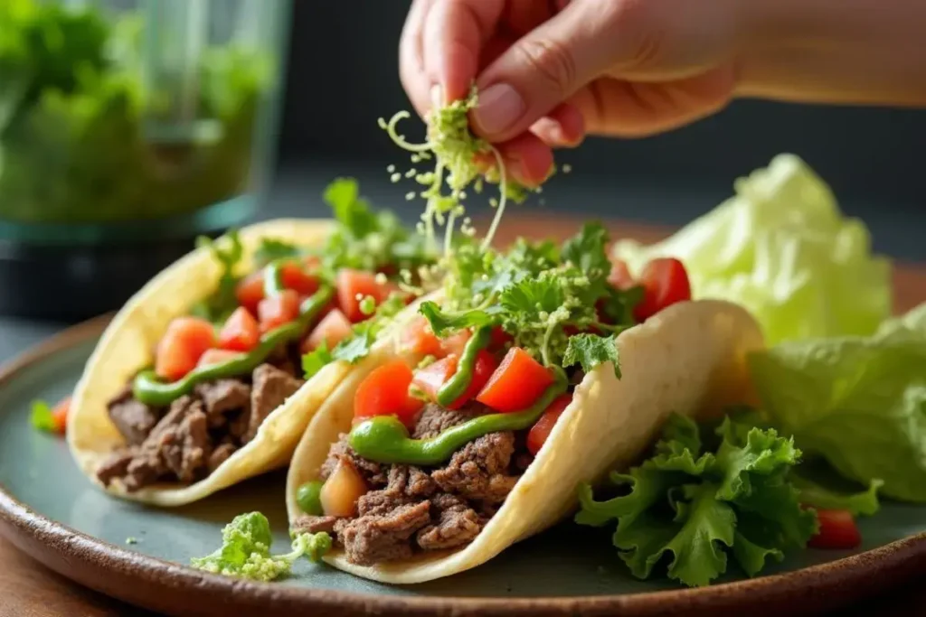 Shaved Beef Tacos with Hidden Veggie Sauce